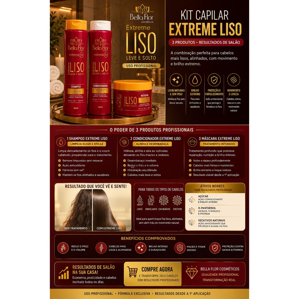 Kit Capilar Liso Extremo 3 Produtos Liso Perfeito e Sem Frizz Maciez Extrema Nutrição Profunda