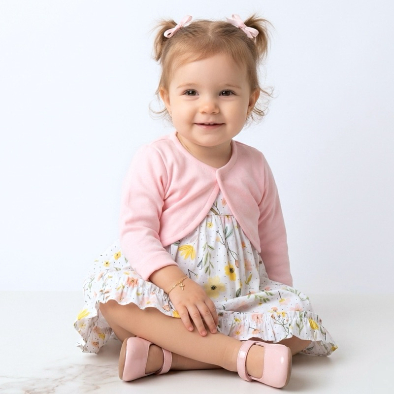 Vestido Infantil Floral em Algodão com Bolero de Plush Rosa Bebê Menina Festa Luxo 2 Meses a 4 Anos