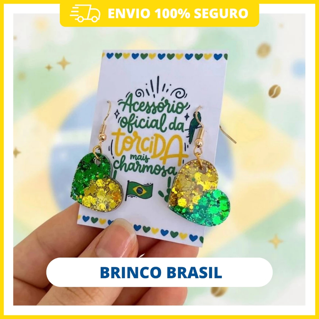Brinco Brasil Verde E Amarelo Coração Resina Com Card Copa Do Mundo 2026  Lembrancinha De Torcida BR