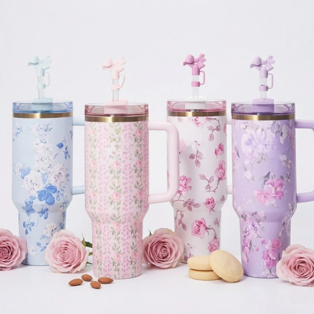 Copo Garrafa Térmica Inox 1200ml Estampa Floral Com Canudo E Alça — imagem 1
