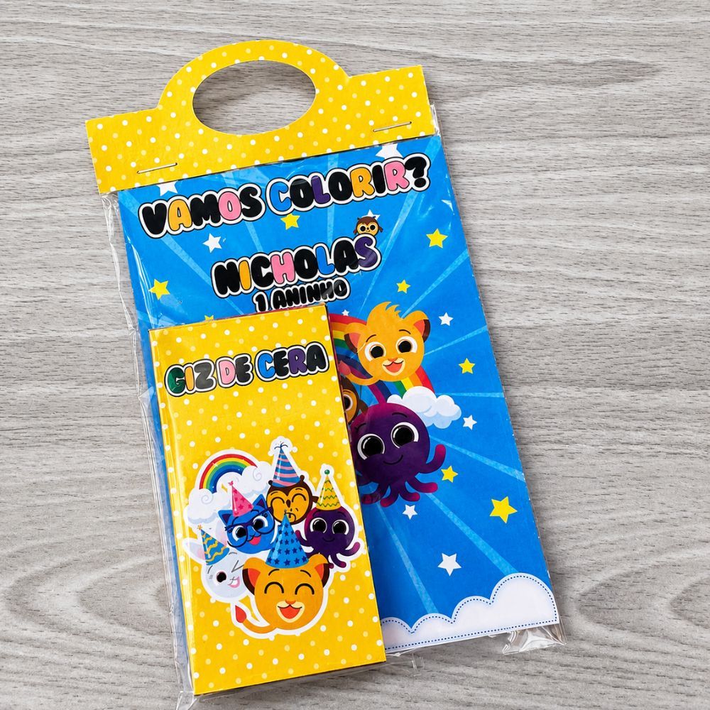 Kit Colorir Pintar com Giz de Cera Lembrancinha Aniversario Infantil Personalizado Bolofofos Menino