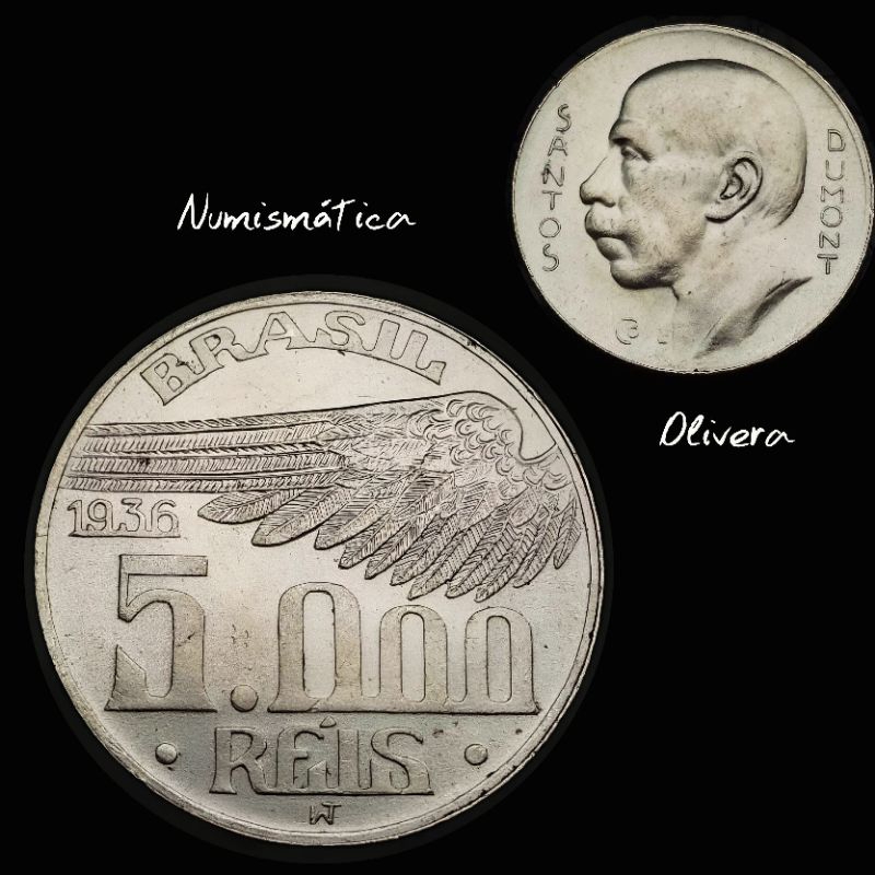 Moeda antiga prata Brasil 5000 réis 1936 Santos Dumont.