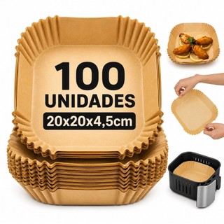 Kit 100 Forma Quadrada De Airfryer Descartável Antiaderente De Papel Cozinha 20x20x4,5cm