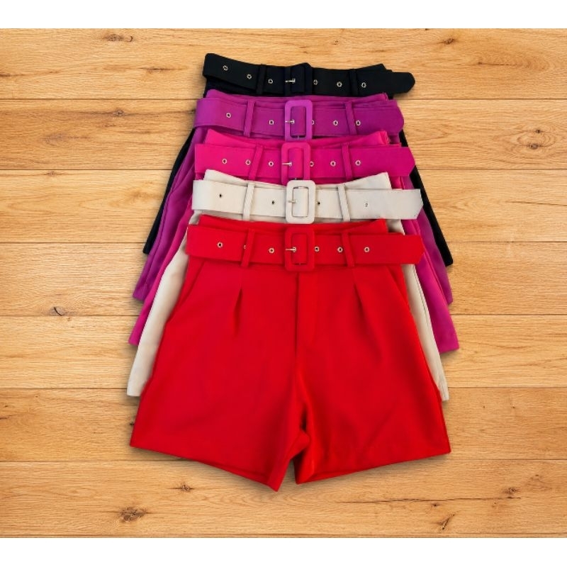 Short Alfaiataria Feminino C/ Cinto Cintura Alta Short Social Feminino Com Bolsos Short Vermelho