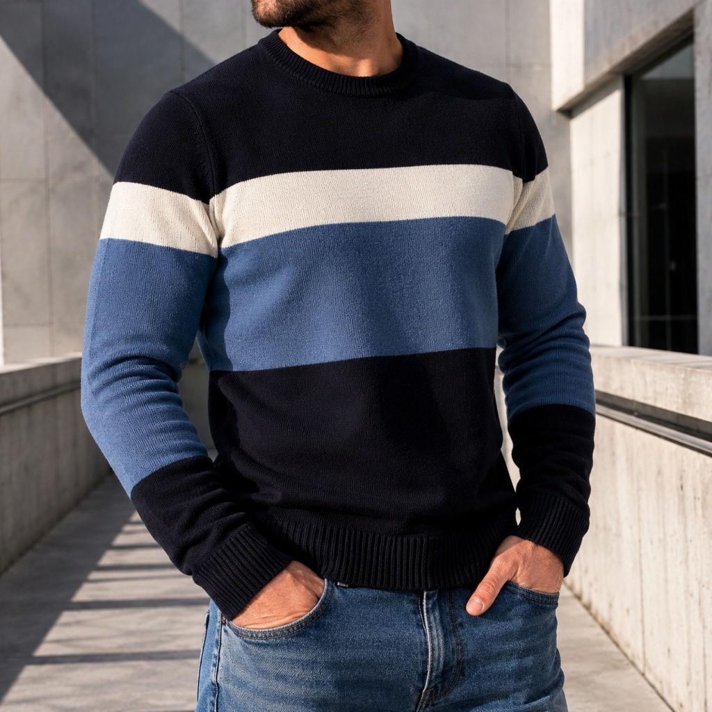 Blusa de Frio Masculina Lã Tricô Sueter Casual Elegante Manga Longa Com Listra Masculino Inverno