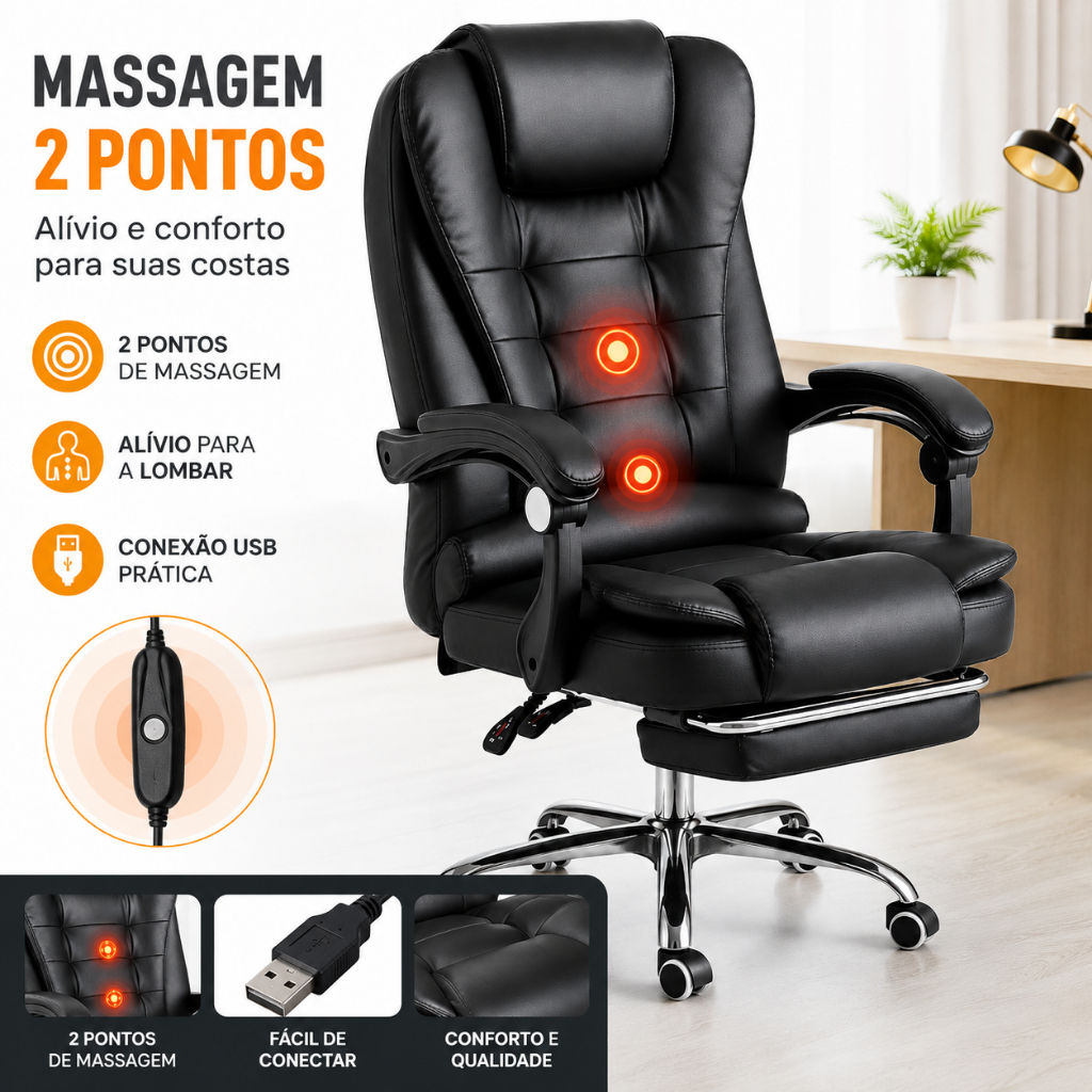 Cadeira De Escritório Presidente Reclinável Ergonômica com Massagem Brave Bull Suporta até 150 kg