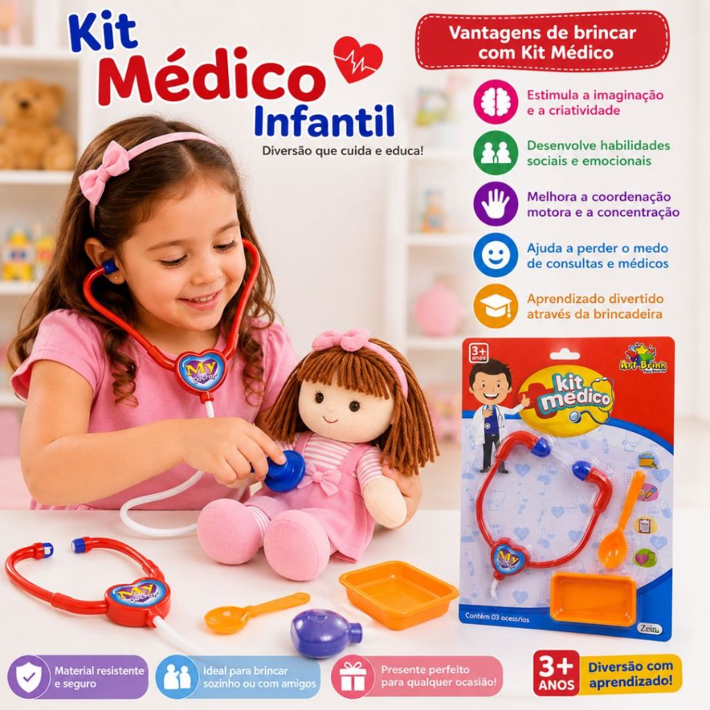Kit Médico Infantil Brinquedo Educativo Doutor com Estetoscópio Criança Menino Menina