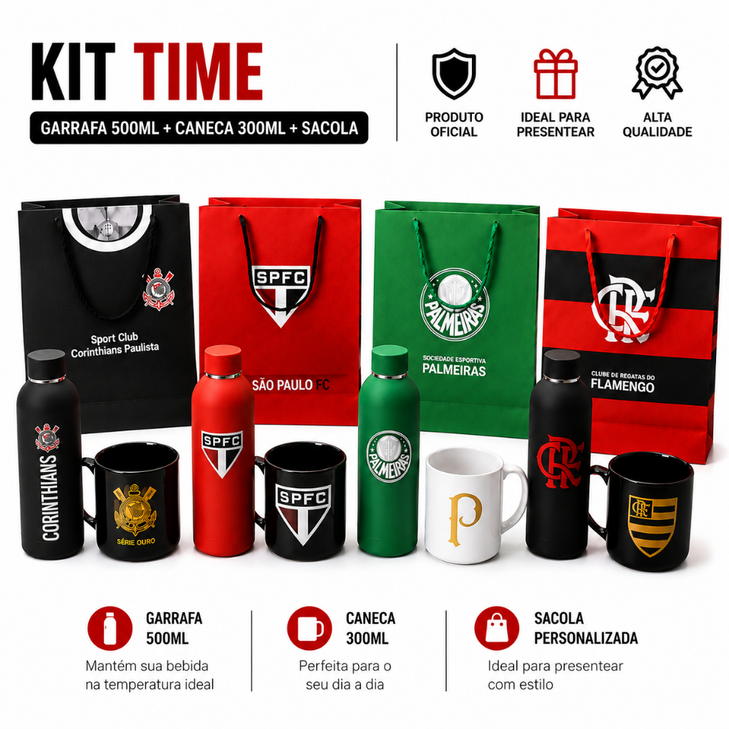 Kit Presente Time Oficial Sacola + Caneca Série Ouro 300ml+ Garrafa Grip 500ml - Torcedor Oficial