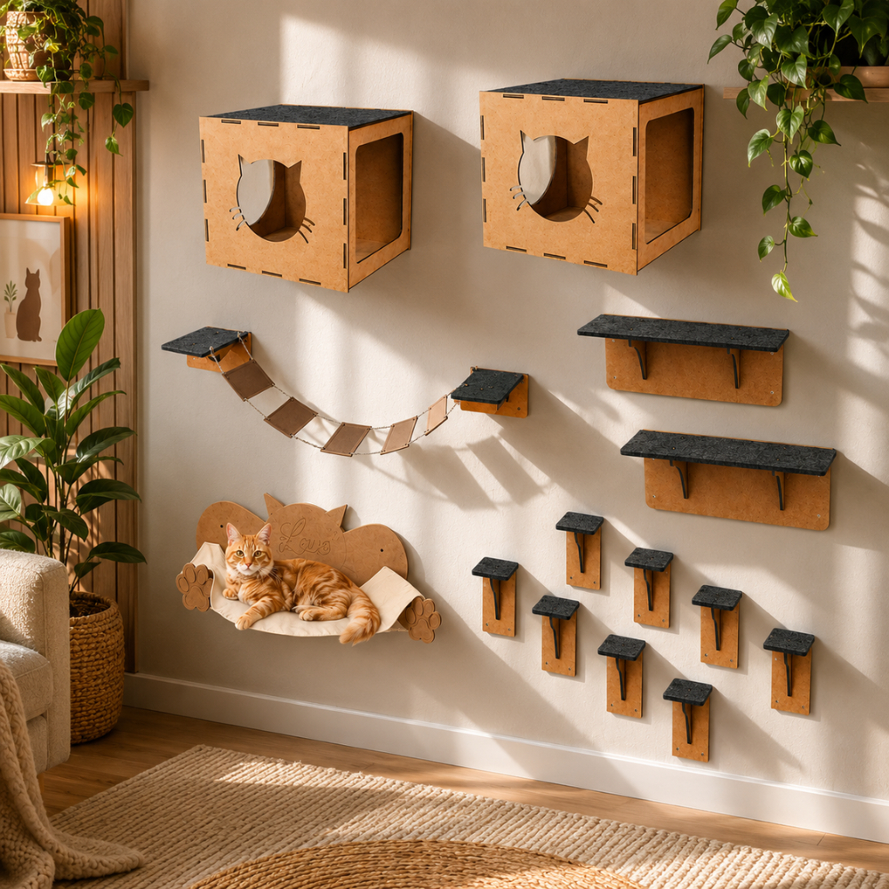 Playground Gatos Parede Kit 16 peças Nicho Rede Descanso Brinquedo Ponte Degraus Prateleiras Mdf 4mm