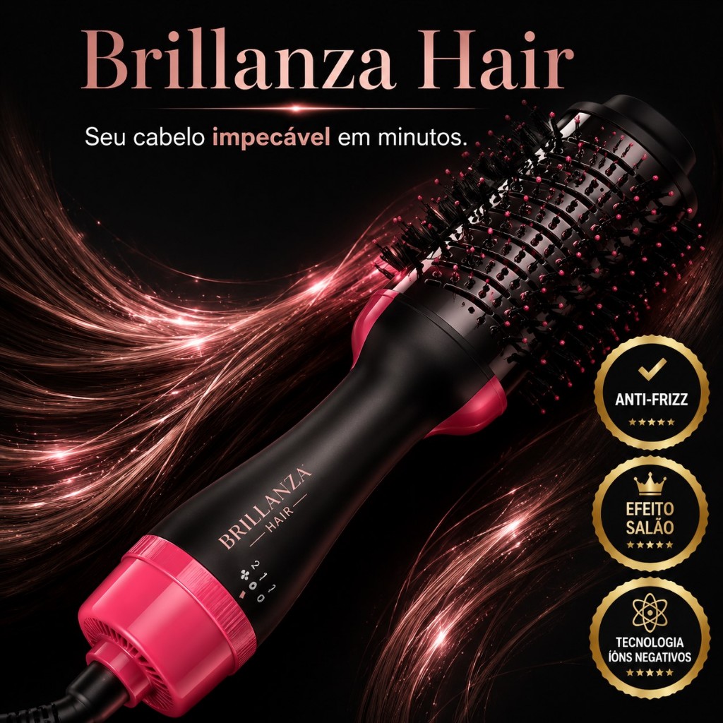 Escova Secador de Cabelo Brillanza™ 3 em 1 Anti Frizz Alisadora Modeladora Íons Negativos 110V
