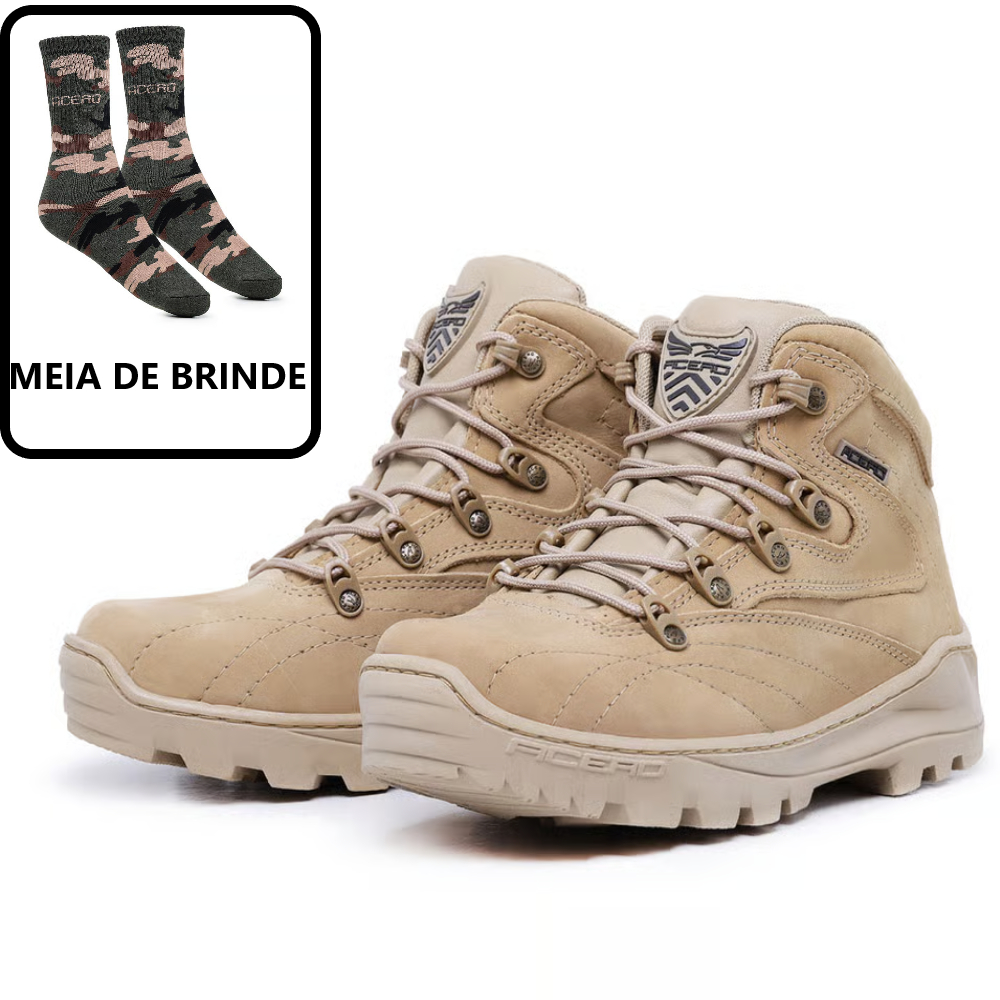 Bota Adventure Acero Couro Advanced Desert + 1 Par de Meia Camuflada Acero