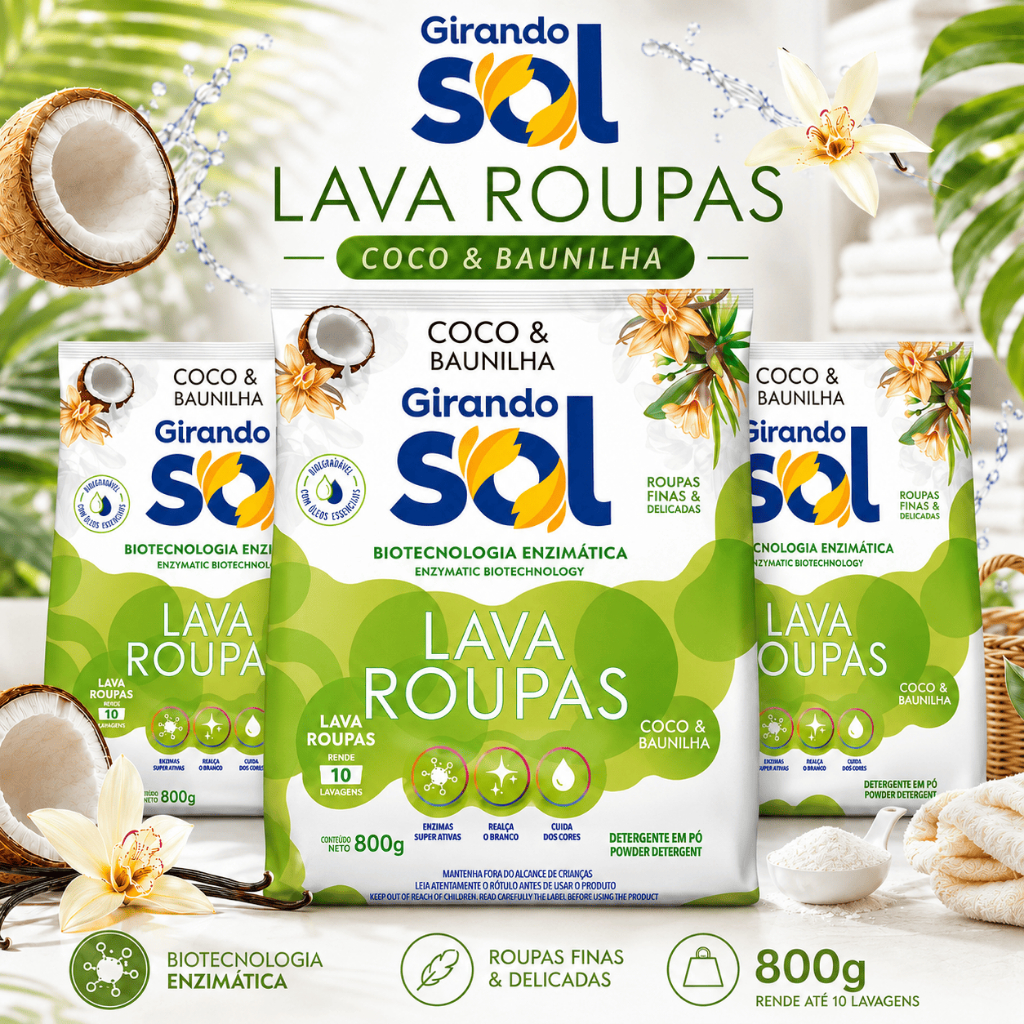 Sabão em Pó Para Lavar Roupas 800g - Coco & Baunilha - Girando Sol - Unidade ou Kit