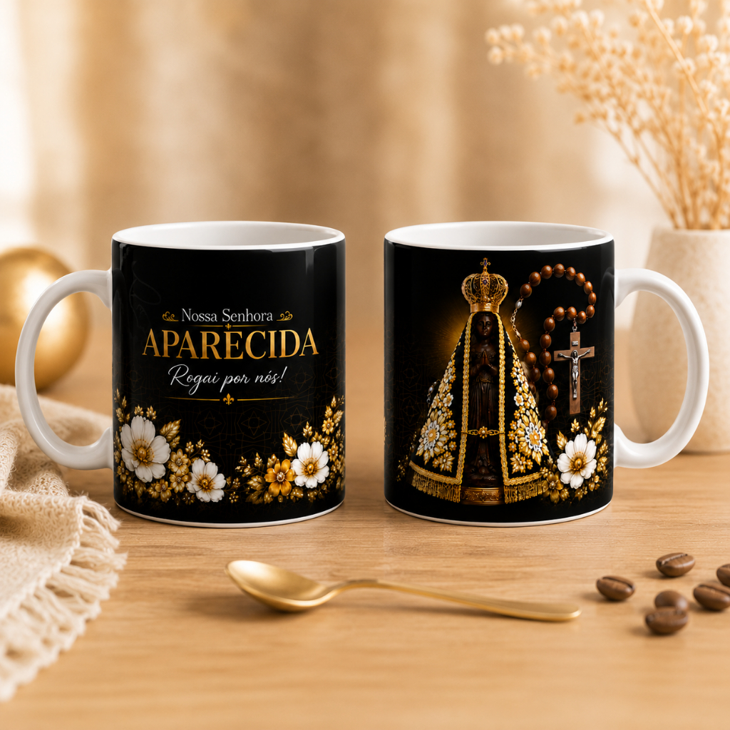 Caneca Nossa Senhora Aparecida Premium 325ml Presente Católico Religioso Decorativa Café Personalizada Alta Qualidade