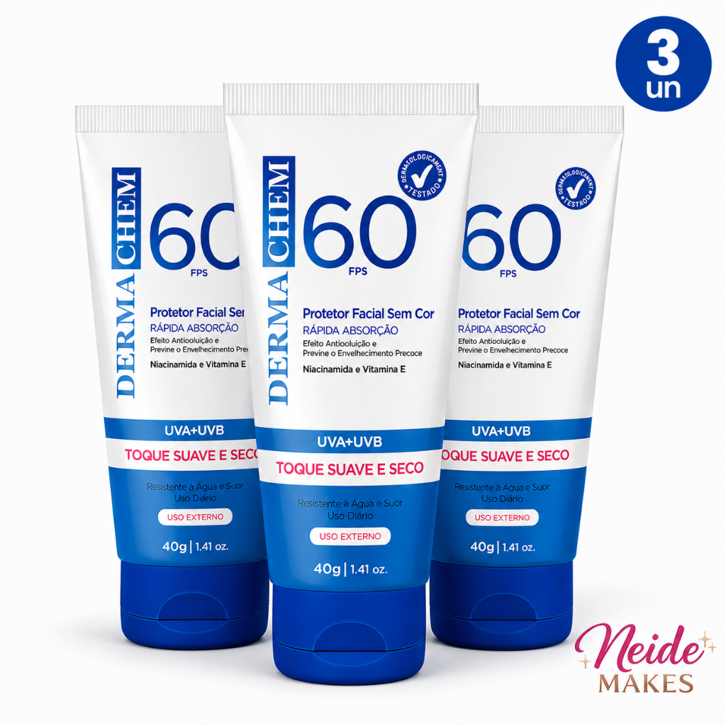 Kit 3 Protetor Solar Rosto FPS 60 Dermachem Validade 2028 Sem Cor Toque Seco 40g