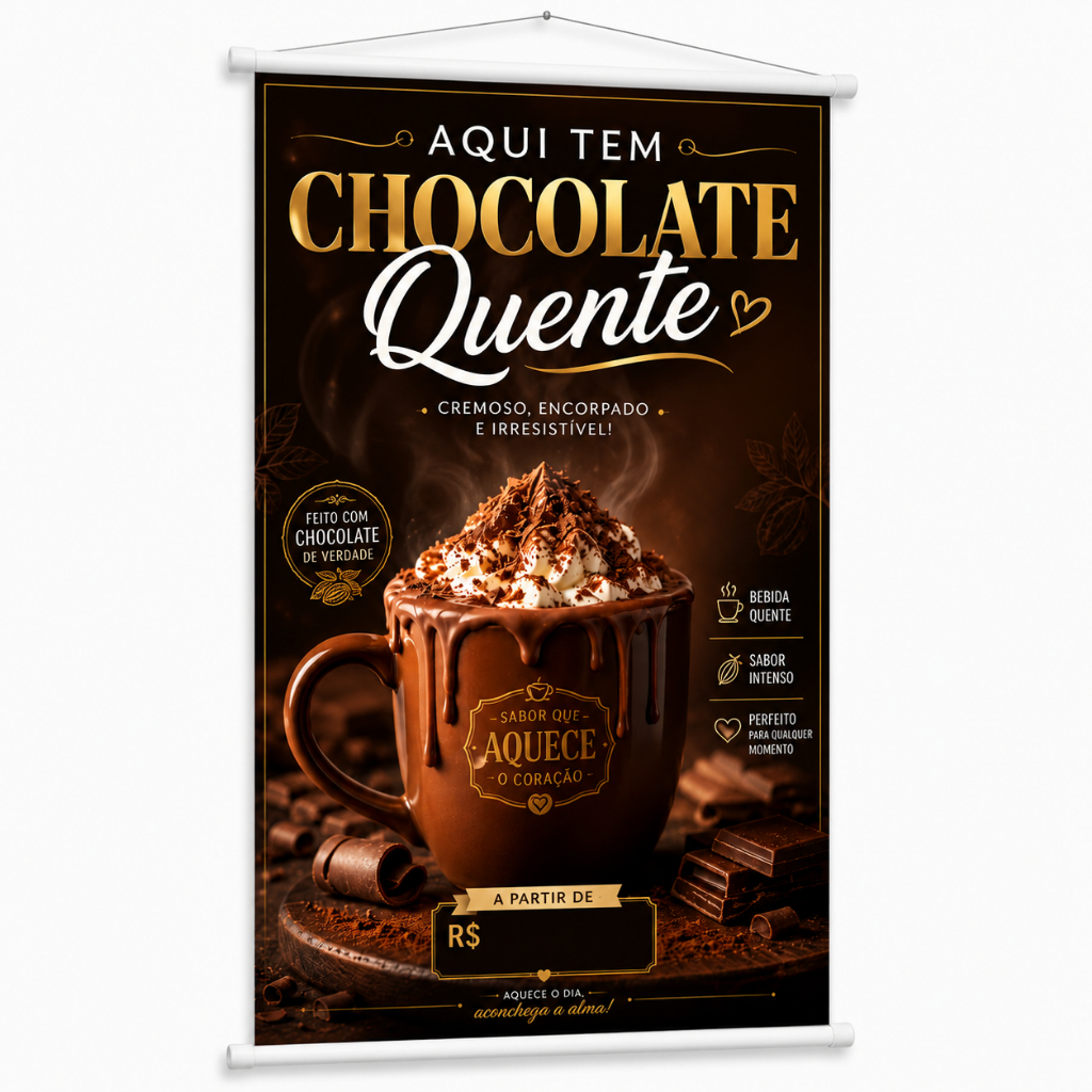 Banner Venda de Chocolate Quente Cremoso produzido em lona. Cartaz Propaganda Divulgação para Cafeteria Lanchonete