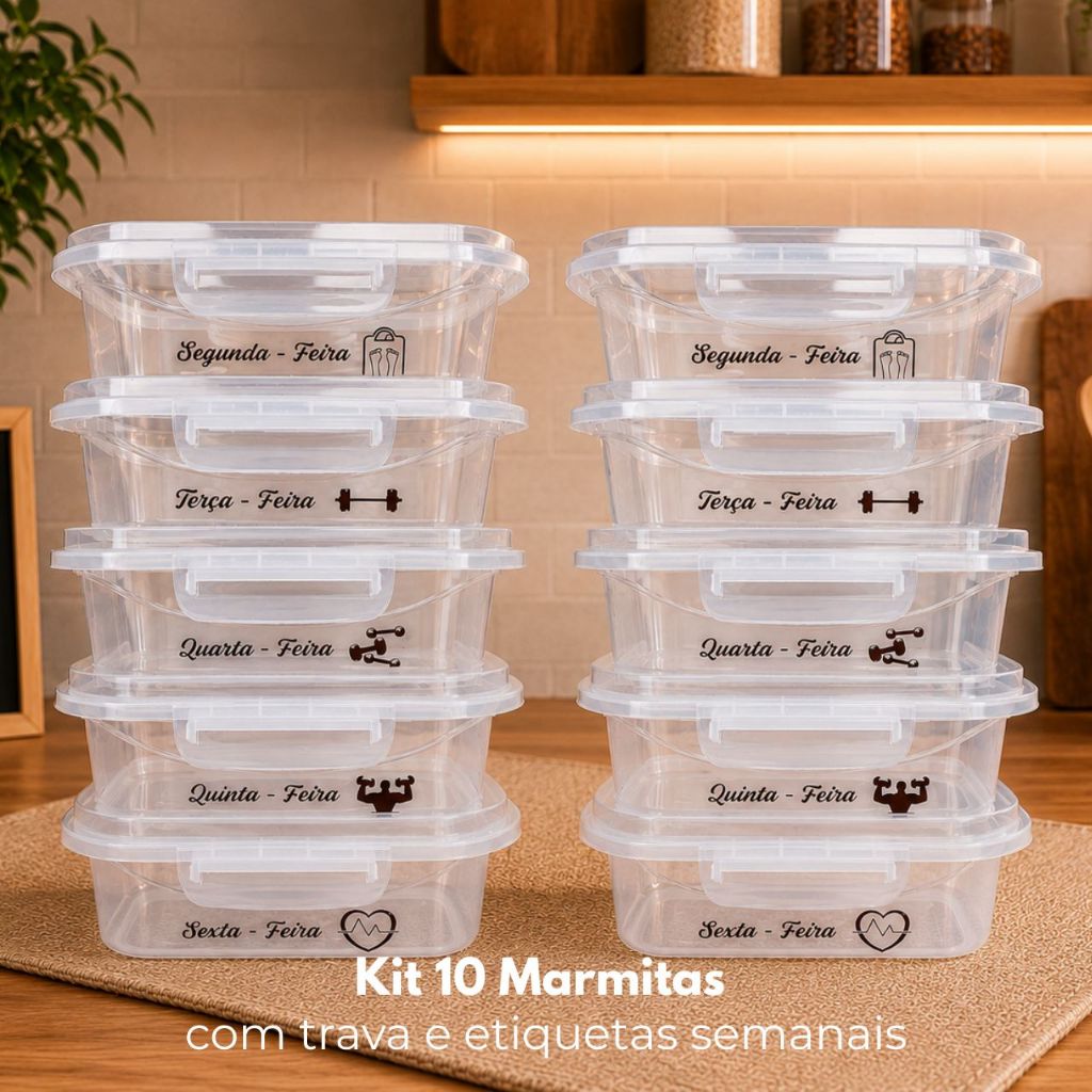 Kit 10 Potes Transparente Herméticos 800ml c/Travas Marmita Fit Semanal BPA Free Alimentos