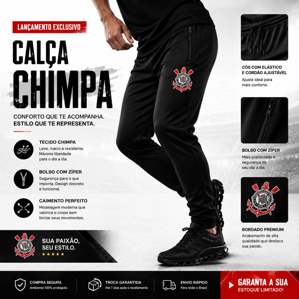 Calça Jogger Estampado Unissex Corinthians Feminino Masculino Flanelado Inverno Algodão Preto
