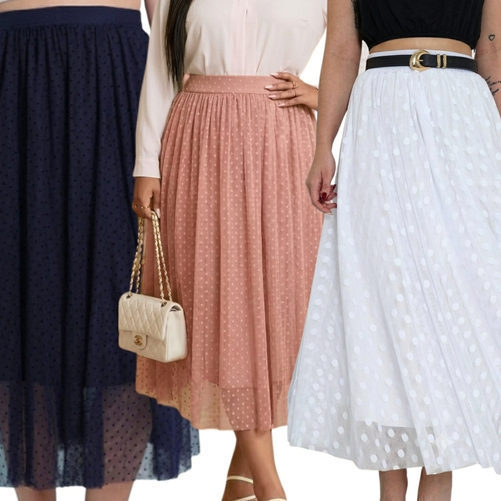 Saia Midi Tule Bolinhas Poá casual Rodada Camadas Tendência Blogueira Luxo