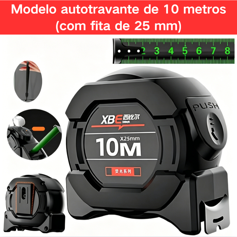 Trena Profissional 10M Aço Carbono com Trava Automática Fluorescente