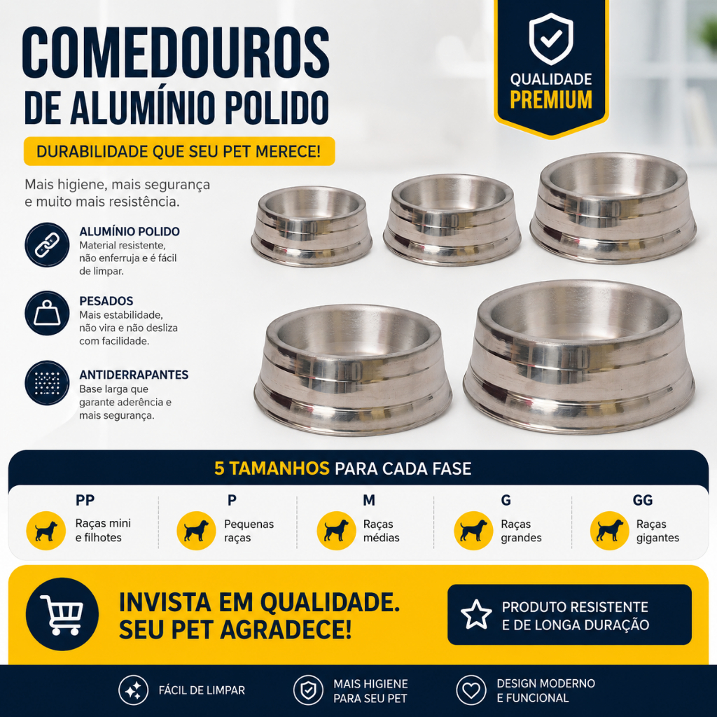 Comedouro para Cachorro Pote de Ração Pesado Polido de Alumínio Antiderrapante Resistente PP ao GG