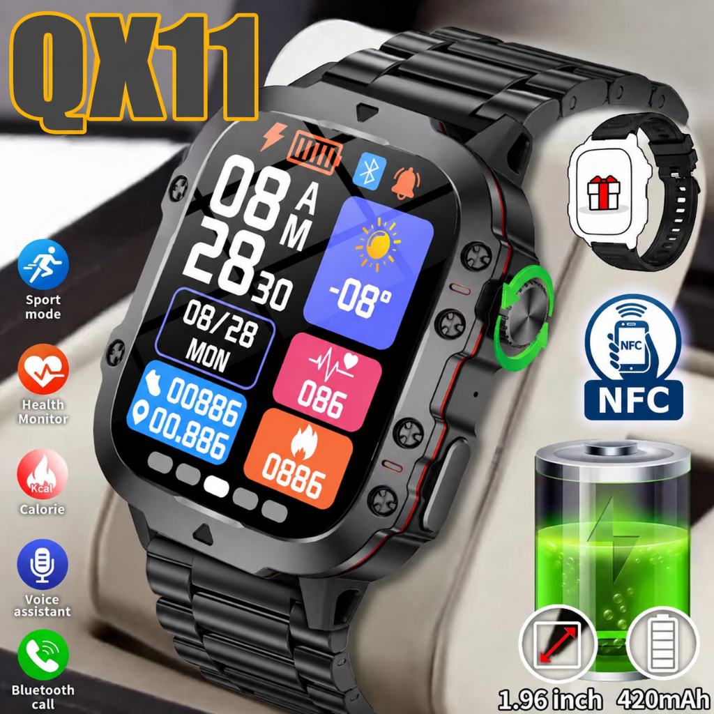2026 Relógio Inteligente QX11 Tela 2.01" HD Chamada Bluetooth Monitor Saúde Modos Esportivos Sem Fio