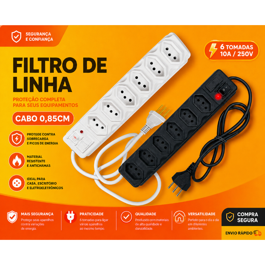 Filtro de Linha Branco e Preto 3, 4, 5 e 6 Tomadas Extensão Elétrica Régua Elétrica 10A