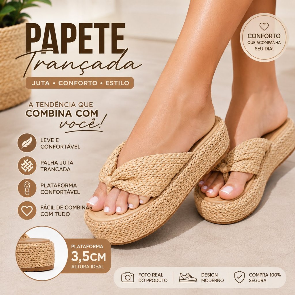 Sandália Papete Feminina Plataforma Confortável Juta Trançada Leve Casual