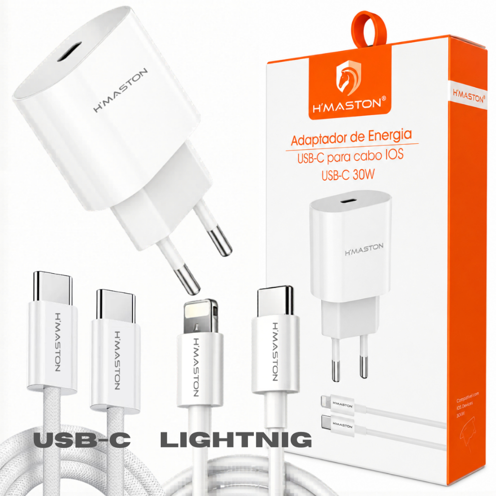 Carregador Turbo Tipo-C 30W para iPhone + Cabo USB-C ou Ligthning Bivolt - HMaston