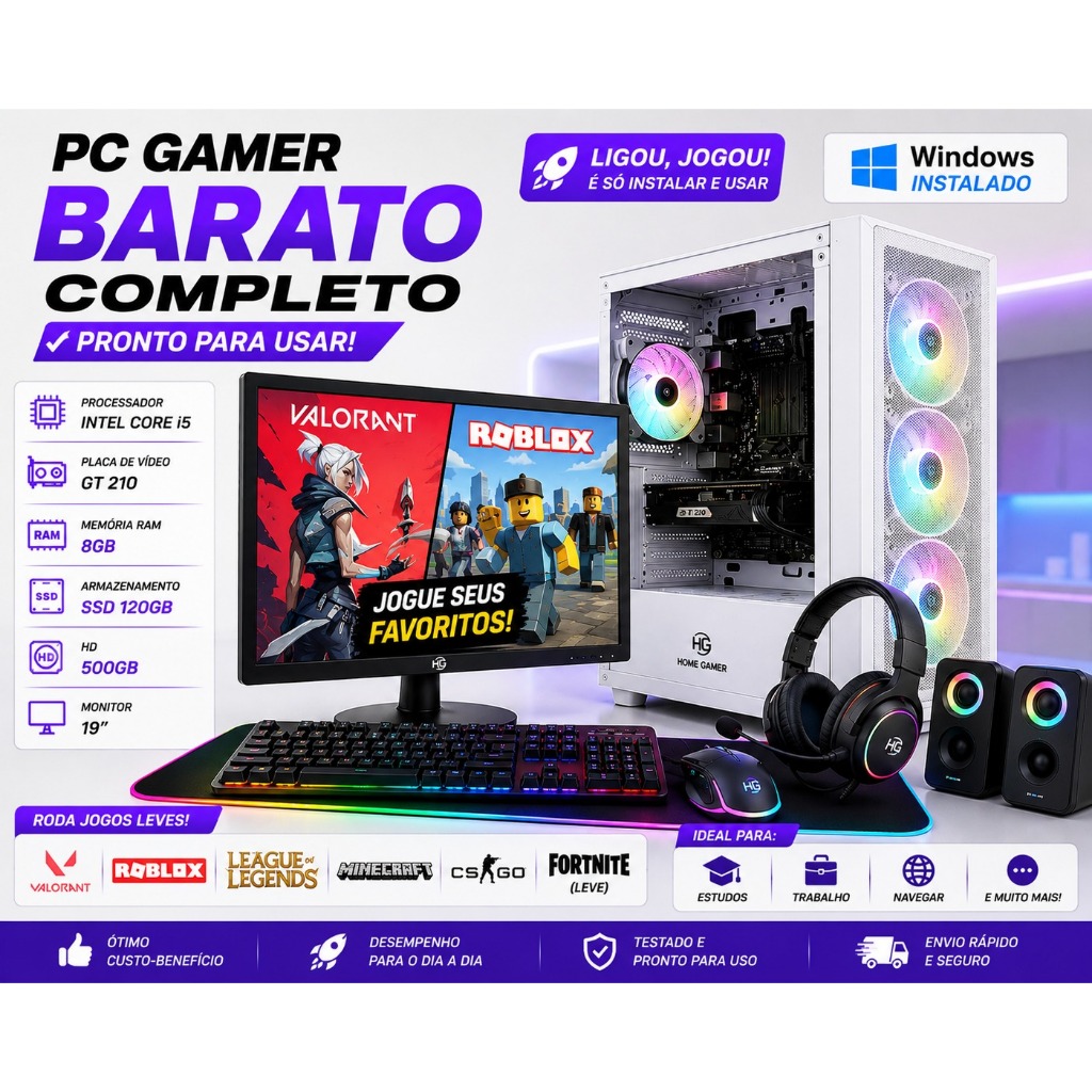 PC Gamer Barato Completo i5 GT 210 Monitor 19 Valorant Roblox SSD HD 8GB Windows