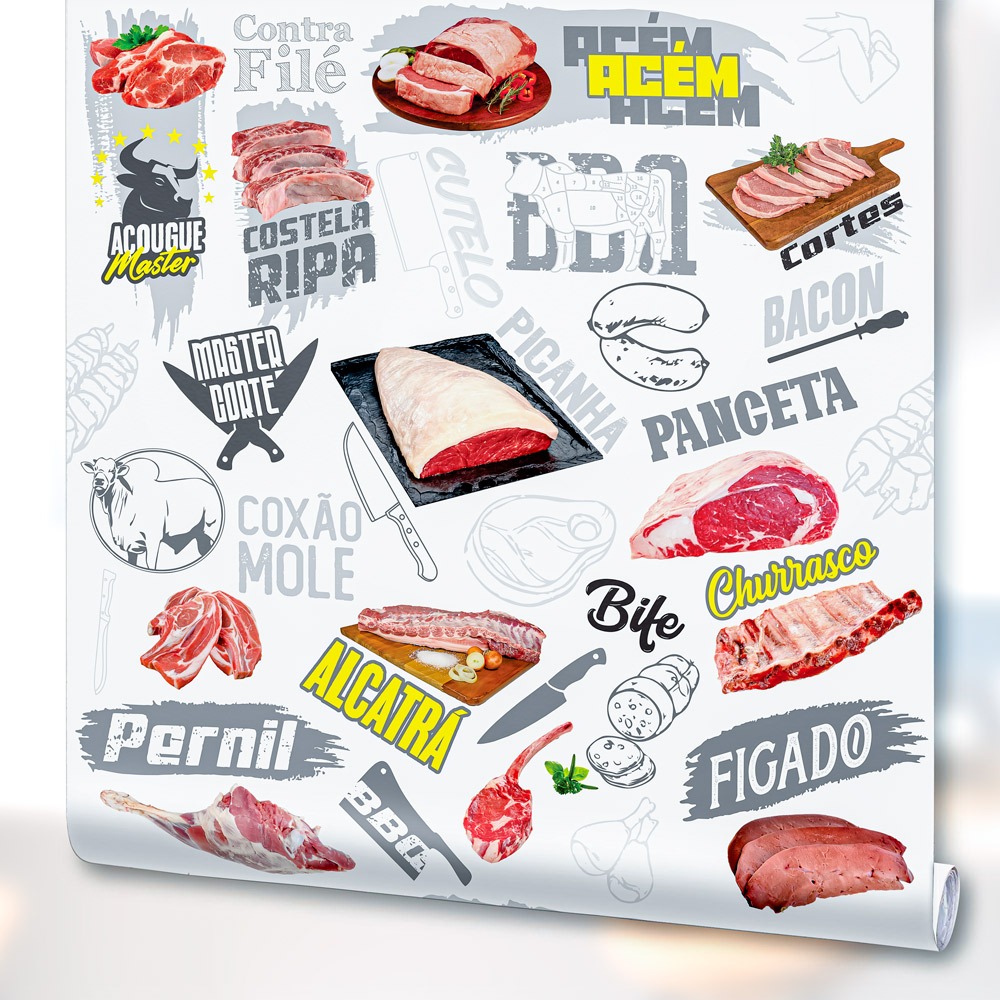 Papel de Parede Adesivo Decoração Açogue Cortes Carne Mercado Lavável Branco