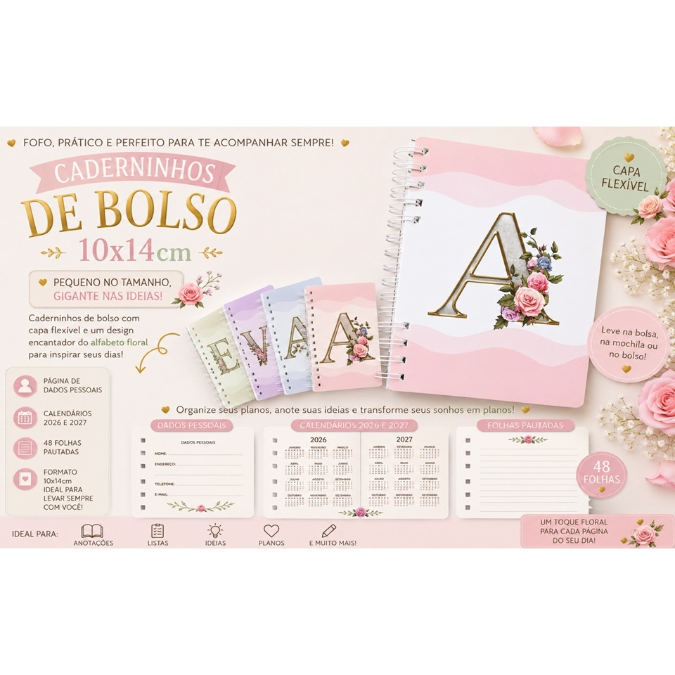 Mini Caderno Alfabeto Floral de Bolsa Capa Dura 10x15cm com calendário 2027
