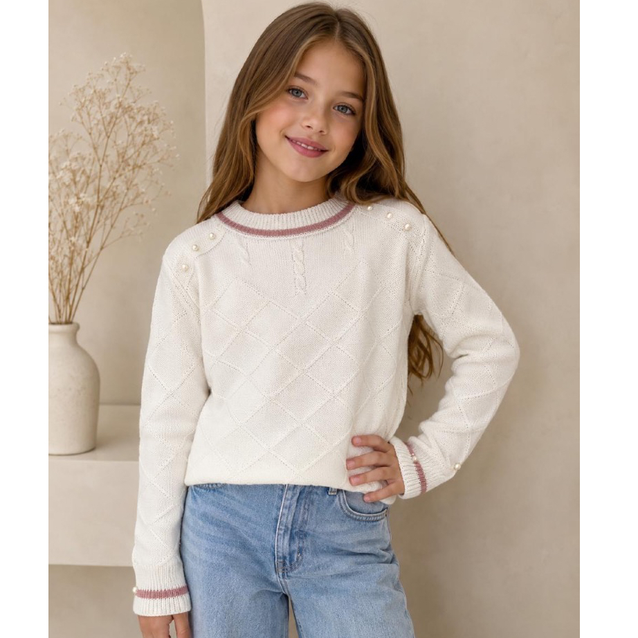 Suéter Blusa Infantil Tricot Feminino Menina Detalhes Pérola Manga Babado