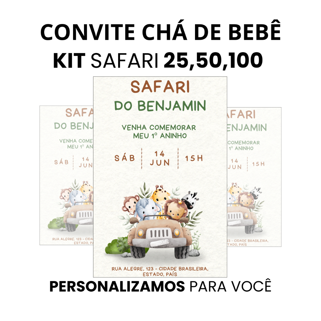 Convite para chá de bebê menino safari personalizado em papel glossy fotográfico alta qualidade