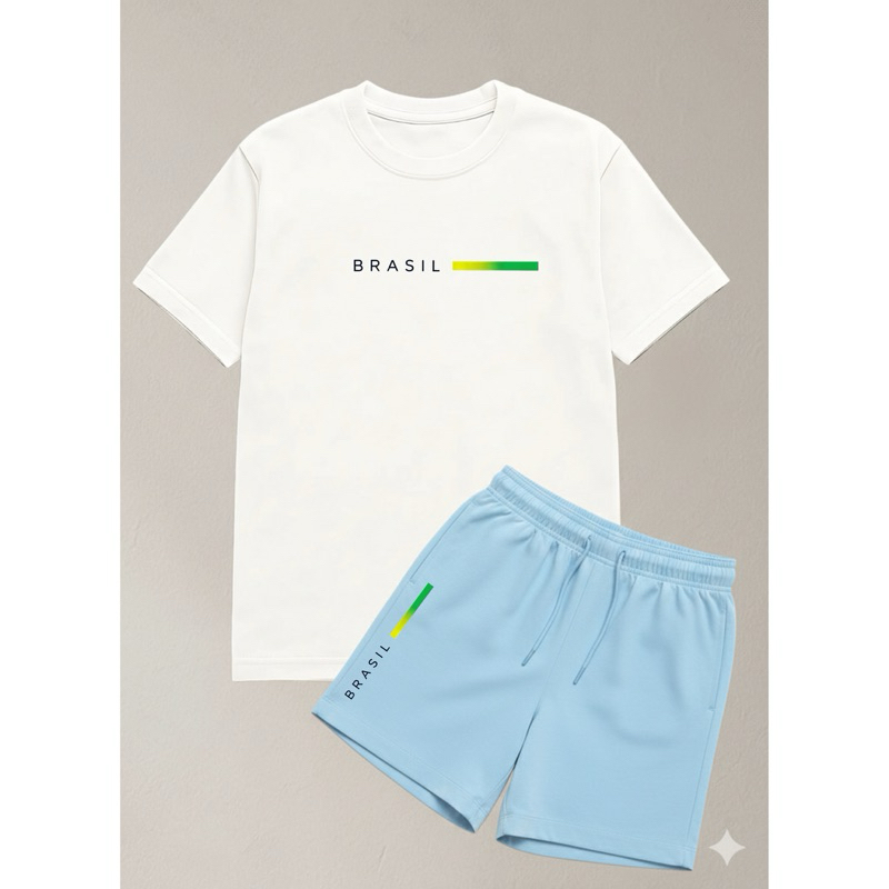 Kit Camiseta Masculina + Short Tactel bermuda conjunto lançamento Estampa Brasil 100% Algodão
