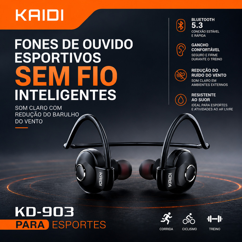 Fone de Ouvido Sem Fio Esportivo KAIDI KD-903 com Bluetooth 5.3 e Bateria de Longa Duração