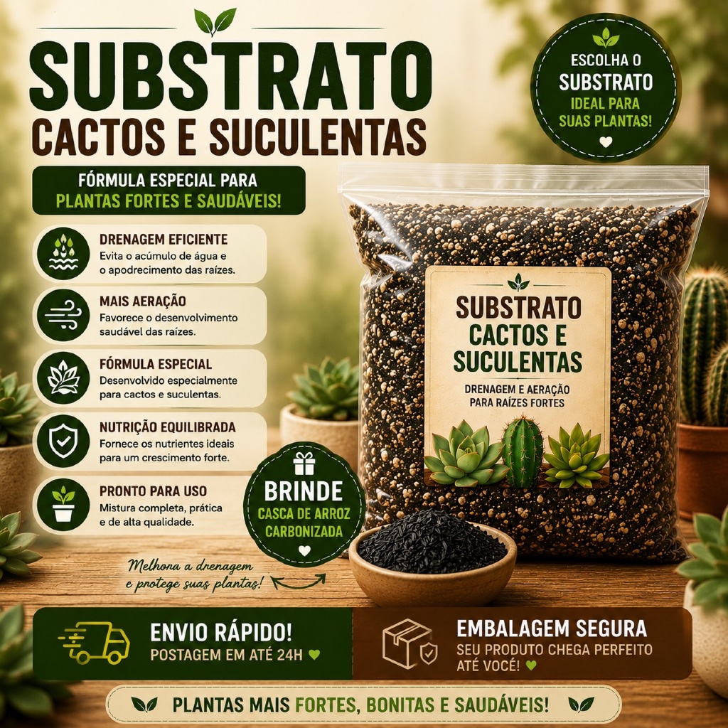 Substrato Cactos e Suculentas Premium + BRINDE Casca de Arroz Carbonizada - Envio Imediato