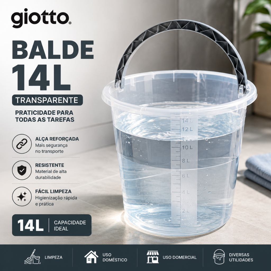 Balde 14L Transparente com Alça Cinza e Medidor Multiuso Cozinha Lavanderia Limpeza Giotto