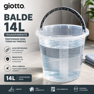 Balde 14L Transparente com Alça Cinza e Medidor Multiuso Cozinha Lavanderia Limpeza Giotto