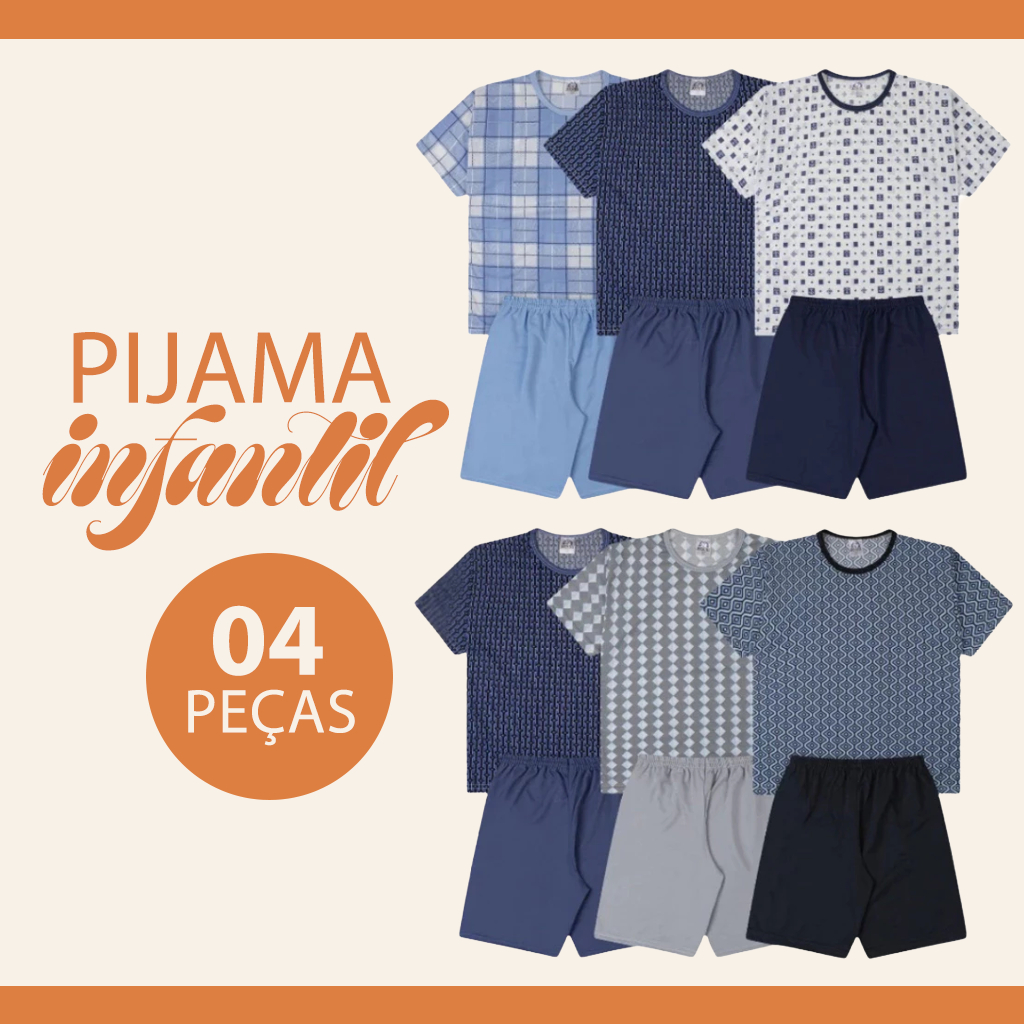Pijama Infantil 4 Peças Manga Curta Menino Juvenil Poliéster Confortável Verão