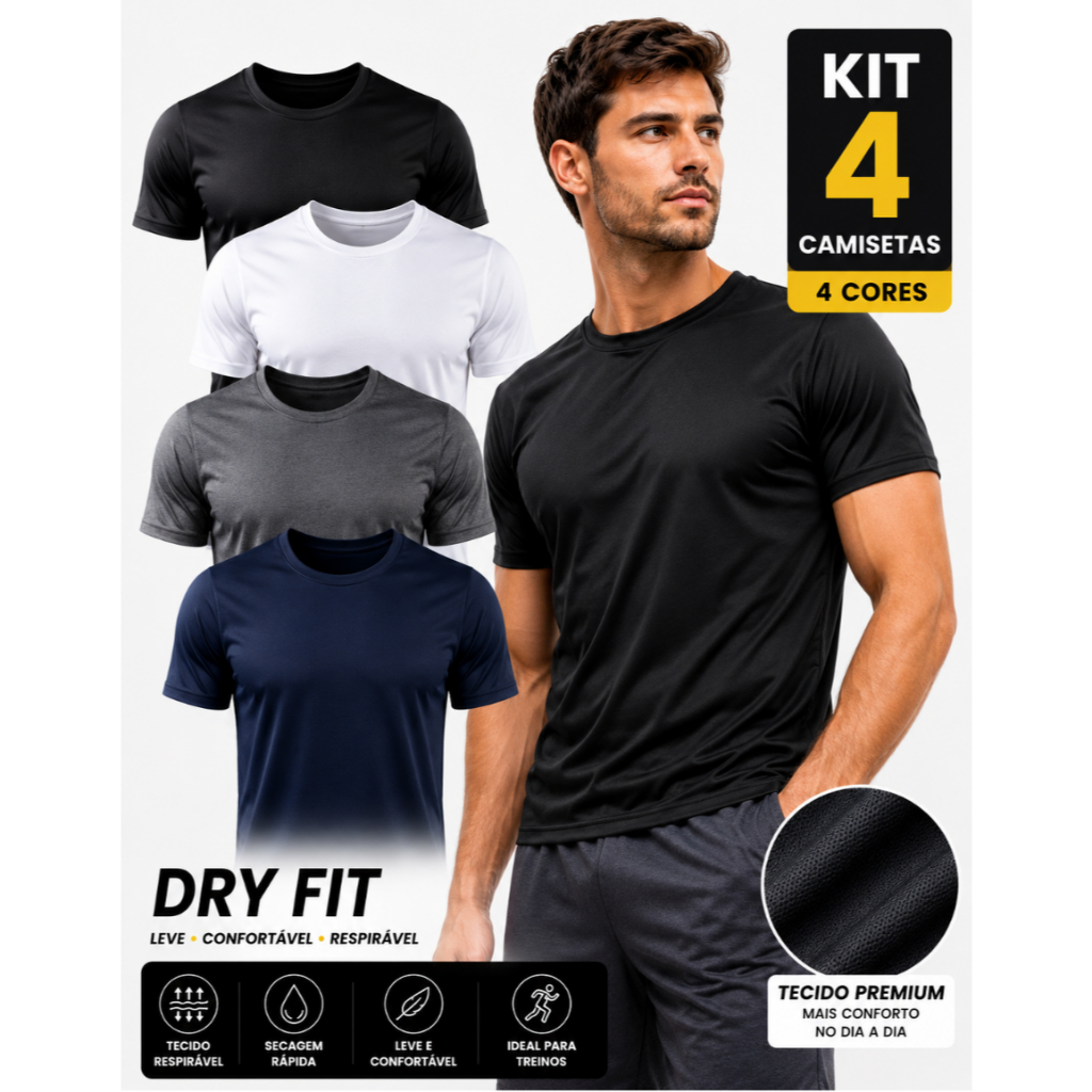 Kit 4 Camisetas Dry Fit Masculina Academia Corrida Caminhada Fitness Manga Curta Premium Casual Confortável