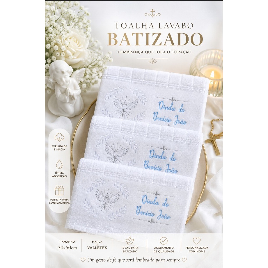 Toalha Lavabo Batizado Bordada | Lembrancinha Divino Espírito Santo | Presente Madrinha e Padrinho