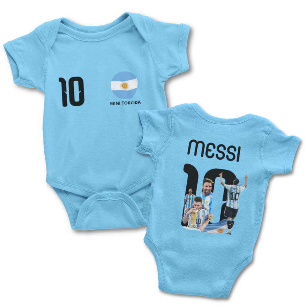 Body Bebê Temático Argentina Copa do Mundo 2026 - Messi - Personalizado - Azul Bebê - Menino/Menina