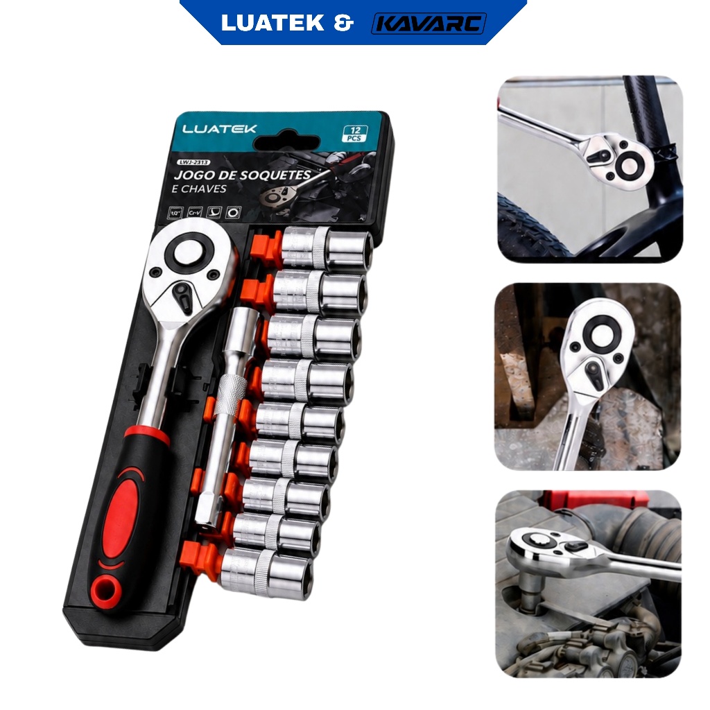 Jogo de Soquetes e Chave Catraca Luatek 12 Peças 1/2" 8-24mm Galvanizado para Mecânica e C-LUATEK