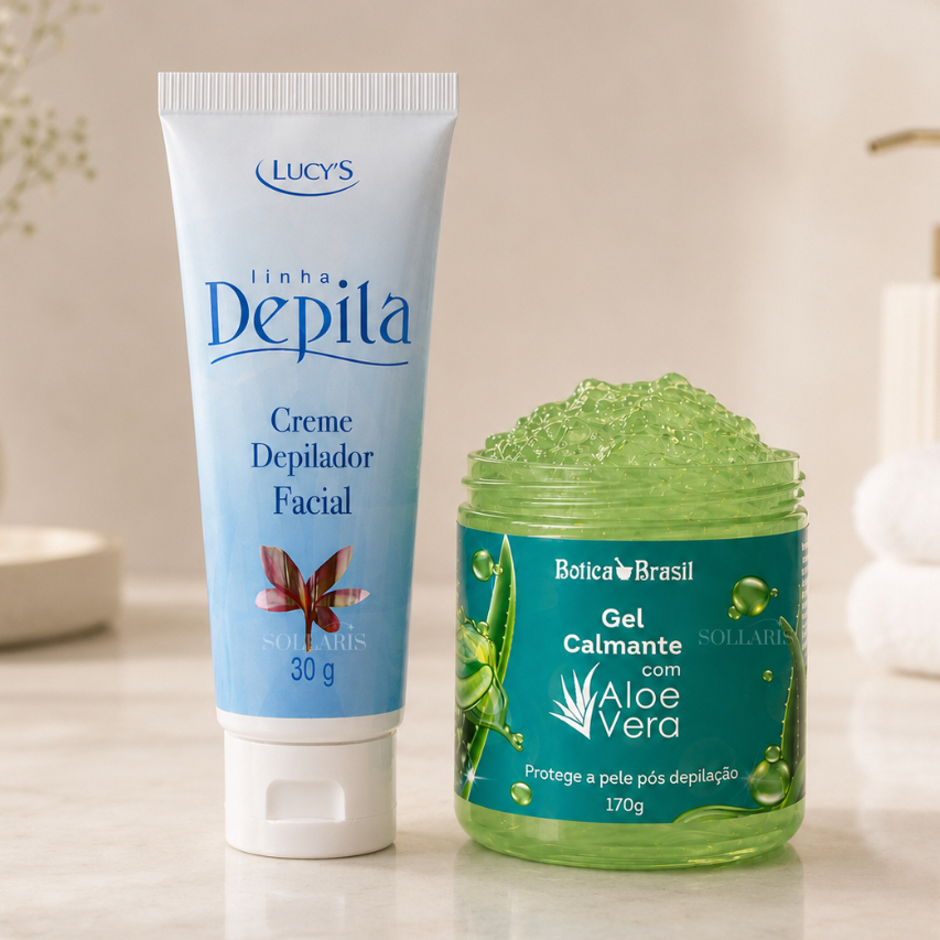 Creme Depilatório Facial Depila + Gel Calmante Pós Depilação Aloe Vera Kit - Lucy's Botica Brasil