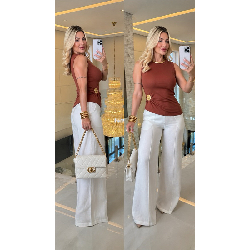 Blusa Feminina Premium Detalhe Dourado Elegante Canelada Moda Social