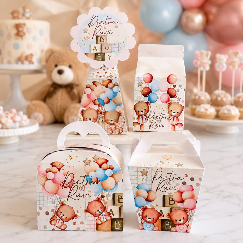 KIT FESTA LEMBRANCINHAS CAIXINHAS PERSONALIZADAS CHÁ REVELAÇÃO (PEGUE E MONTE) | DECORAÇÃO DE MESA