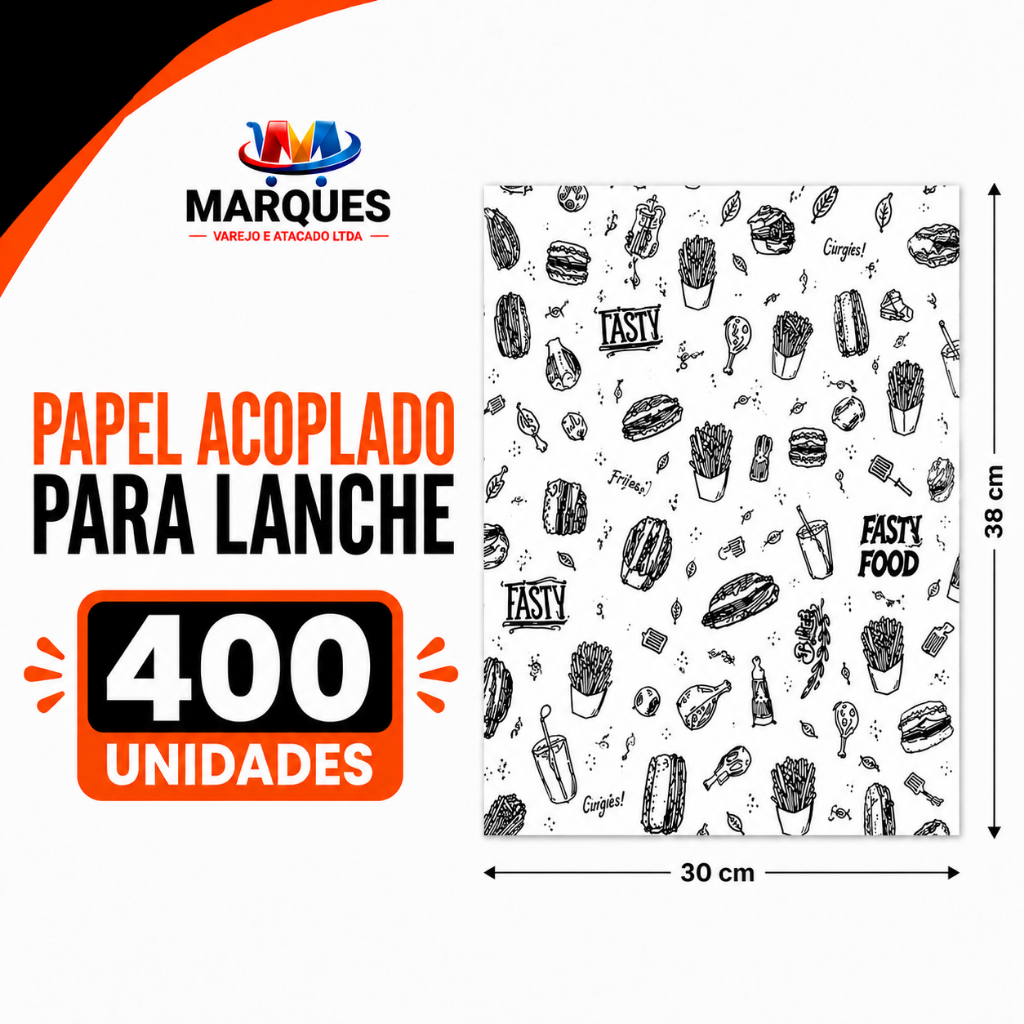 Papel acoplado para Lanche Delivery 30X38cm com 400 Unidades FAST FOOD