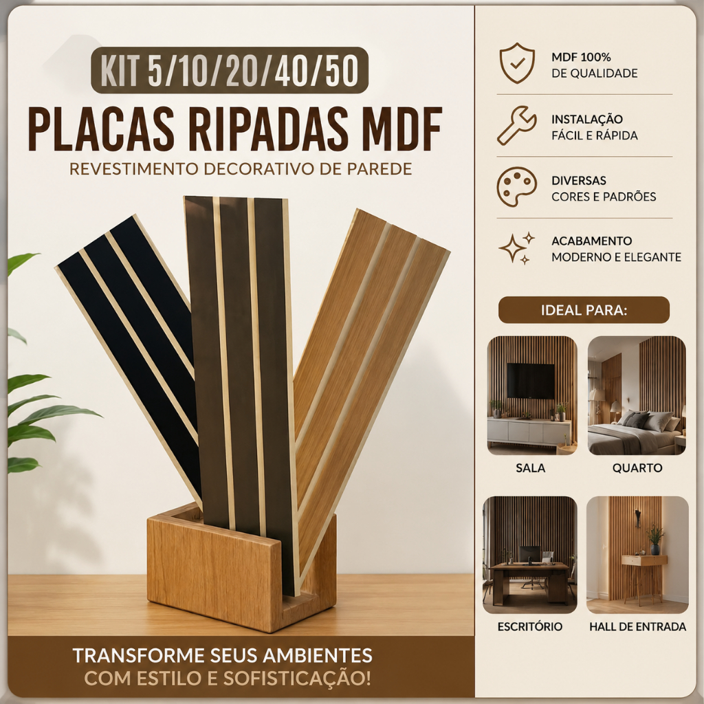 Kit de até 5, 10, 20, 40 OU 50 Placas Ripadas MDF - Revestimento Decorativo de Parede 45x11cm Painel Moderno