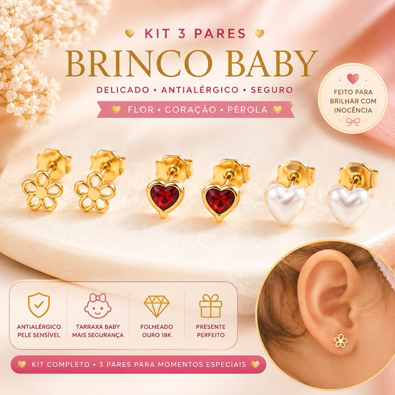 Kit 3 Pares Brinco Baby Infantil Folheado Ouro 18K Antialérgico Flor Coração Pérola Tarraxa Baby