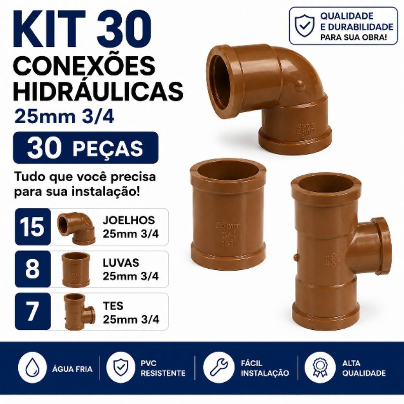 Kit 30 Conexões Hidráulica PVC Soldável Agua fria KRONA 25mm 3/4 15 Joelhos 8 Luvas 7 Tee